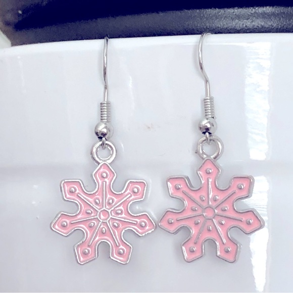 New Winter Snowflake Dangle Drop Handmade Earrings Christmas Holiday Pastel Pink - Picture 4 of 6